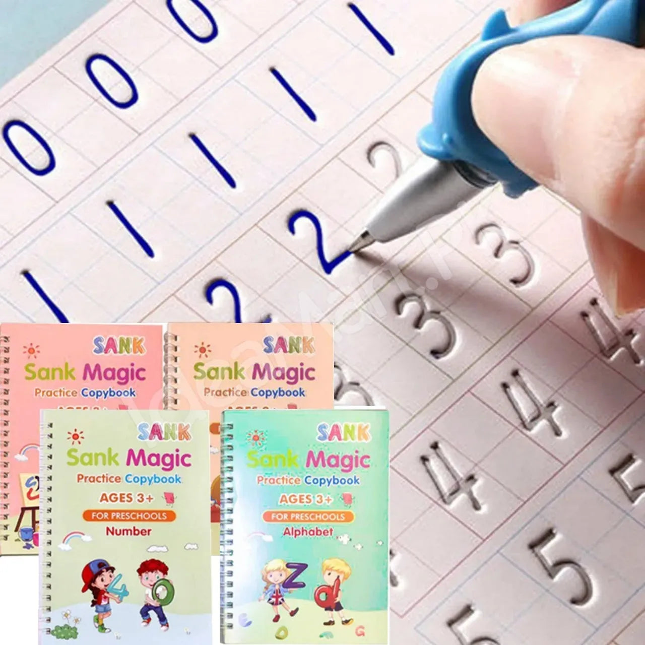 Sank Magic Practice Book Set 4 Books with Pen & 10 Refills Kids Handwriting Learning Kit
