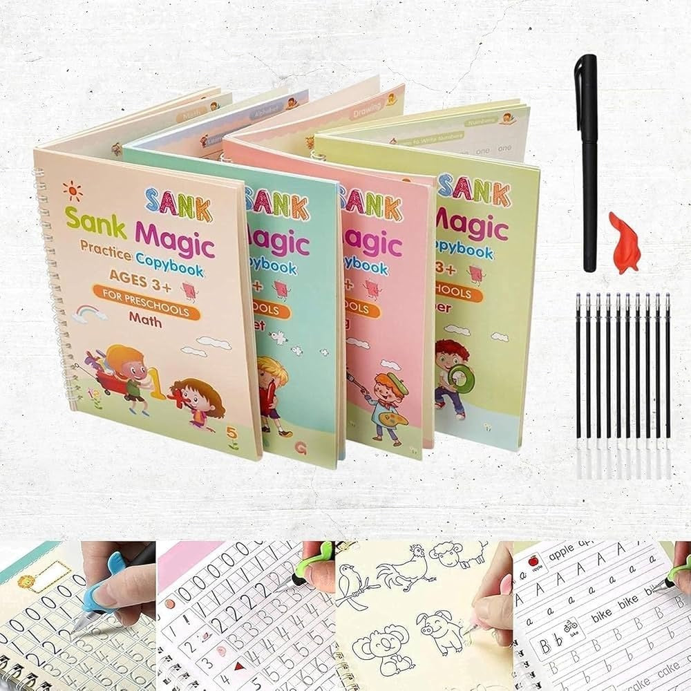 Sank Magic Practice Book Set 4 Books with Pen & 10 Refills Kids Handwriting Learning Kit