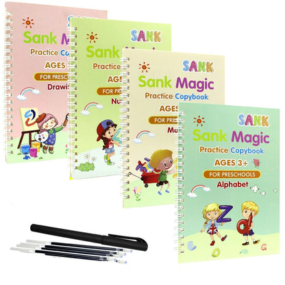 Sank Magic Practice Book Set 4 Books with Pen & 10 Refills Kids Handwriting Learning Kit