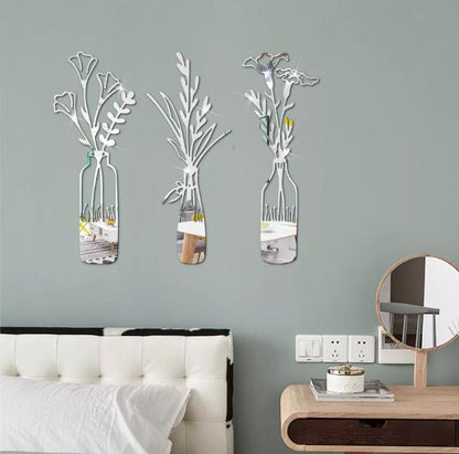 3 PCs Beautiful Acrylic Mirror Leaf Vase Wall Art Frame