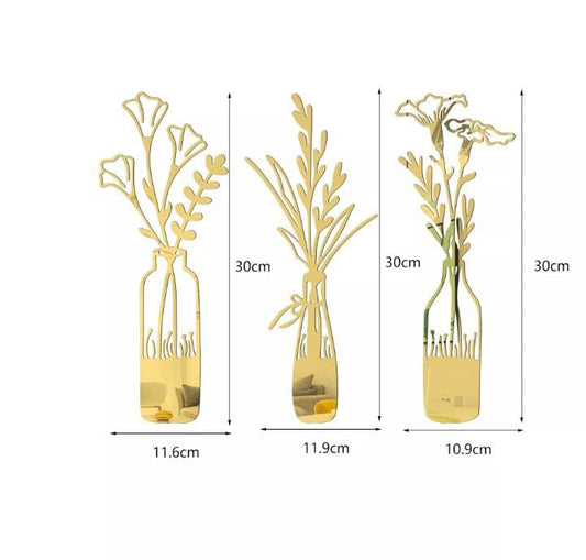 3 PCs Beautiful Acrylic Mirror Leaf Vase Wall Art Frame