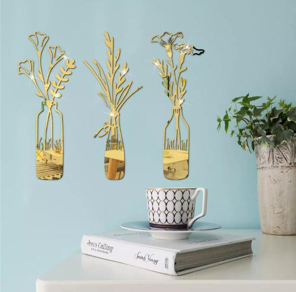 3 PCs Beautiful Acrylic Mirror Leaf Vase Wall Art Frame